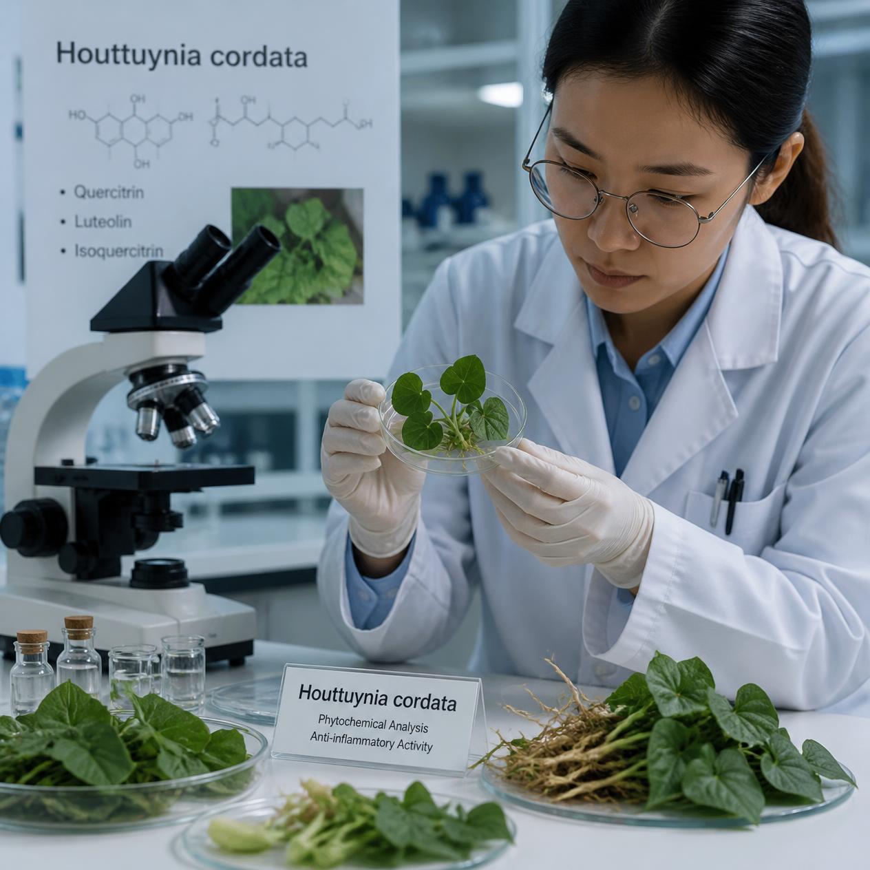 A scientist examining houttuynia samples