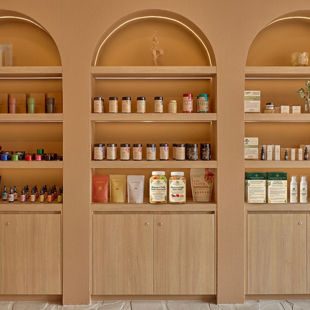 Store Product Display Curated display of wellness, personal care, Illumera products. and everyday lifestyle products